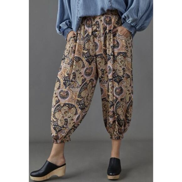 Anthropologie Odette Paisley Printed Pull On Crepe Black Jogger Pants - Picture 1 of 6